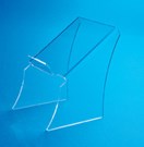 A clear plastic display mount in front of a light blue background